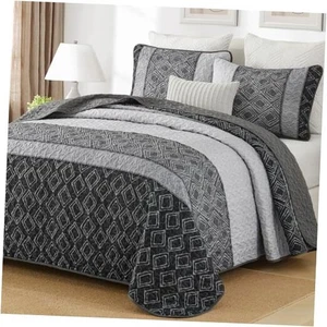 Boho Quilt Set Size 3 Pieces,Striped Plaid Bedspread,Soft Queen Grey - Picture 1 of 7