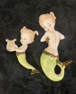 Vintage Meerjungfrau & Baby mit Leier MCM Chalkware Keramik Strand Fantasy Wandbehang - Bild 1 von 11