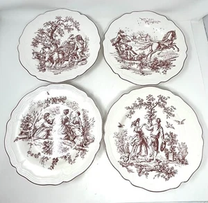 New England Toile Tabletops Unltd Burgundy Dinner Plates Set of 4 Scenes CRAZING - Picture 1 of 8