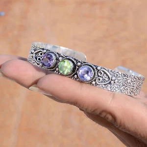 Faceted Amethyst & Peridot Cut Gemstone Cuff 925 Sterling Silver New Art Bangle - Picture 1 of 7