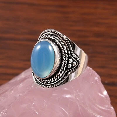 Naturale Ovale Blu Calcedonio Anello 925 Argento Sterling Bohemien Promessa - Immagine 1 di 4
