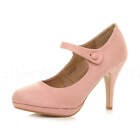 Womens ladies medium high heel mary jane strap platform court shoes pumps size