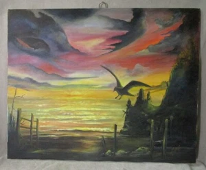 Original Sunset Surrealistic Painting 16x20 Beach Sunset with Bird & Cliffs - Picture 1 of 3