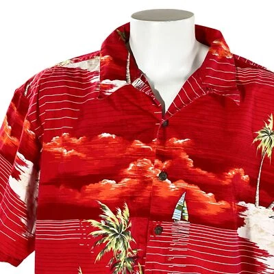 Camisa havaiana High Sierra 2XL palmeiras veleiros pôr do sol vermelho branco verde - Imagem 1 de 4