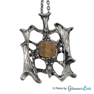 VTG 70s Tapani Vanhatalo Finland Brutalist Pewter Tiger's Eye Pendant Necklace - Picture 1 of 10