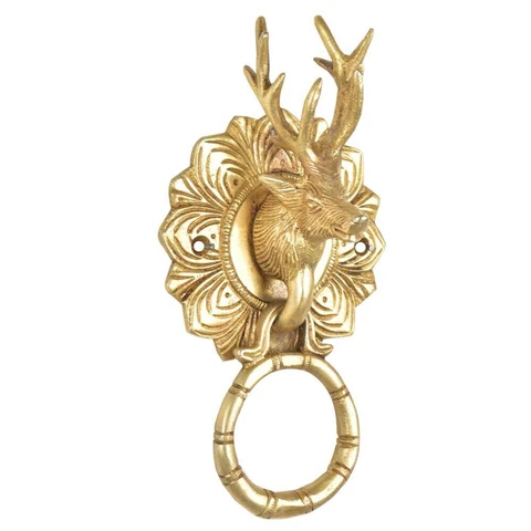 Handmade Brass Reindeer Head Door Knocker In Gold Finish Door Bell Cover