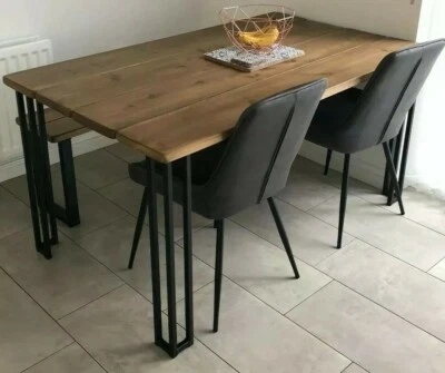 Industrial Dining Table And Bench Set Vintage Style, planked solid wood, Rustic  - Image 1 of 4