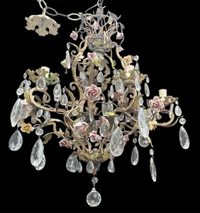 Lampadario vintage in cristallo e ceramica maiolica – 7 luci, elegante - Picture 1 of 11