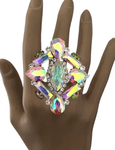 2.5" Drop AB Acrylic Rhinestones Stage Oversized Statement Ring Costume Jewelry - Picture 1 of 3