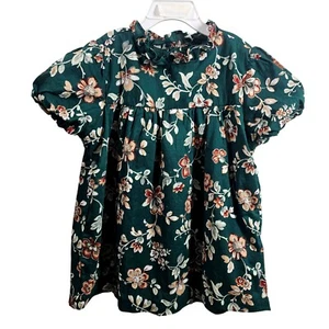 Janie and Jack Floral Puff Slv Top Girls 8 Ruffle Collar Cotton Pink on Green - Picture 1 of 8