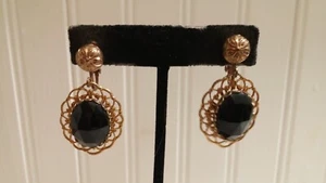GT Metal Filigree Faceted Black Plastic Inset Oval Drop Dangle Clip-on Earrings - Picture 1 of 3