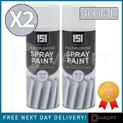 151 2 x WHITE GLOSS FINISH SPRAY PAINT 400ML ALL PURPOSE AEROSOL METAL WOOD PLASTIC