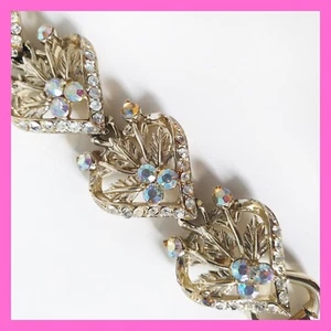 Vtg Coro Leaf Floral Aurora Borealis Crystal Rhinestones Bracelet Silver Tone - Picture 1 of 12