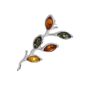 BALTIC AMBER LEAVES BROOCH 925 STERLING SILVER MULTI COLOURED AMBER NEW BOXED - Picture 1 of 5