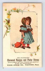 Taunton MA Glenwood Estufa Niño Muñeca Gorro Tarjeta Comercial Años 1890 4.5" x 2.75" - Imagen 1 de 2