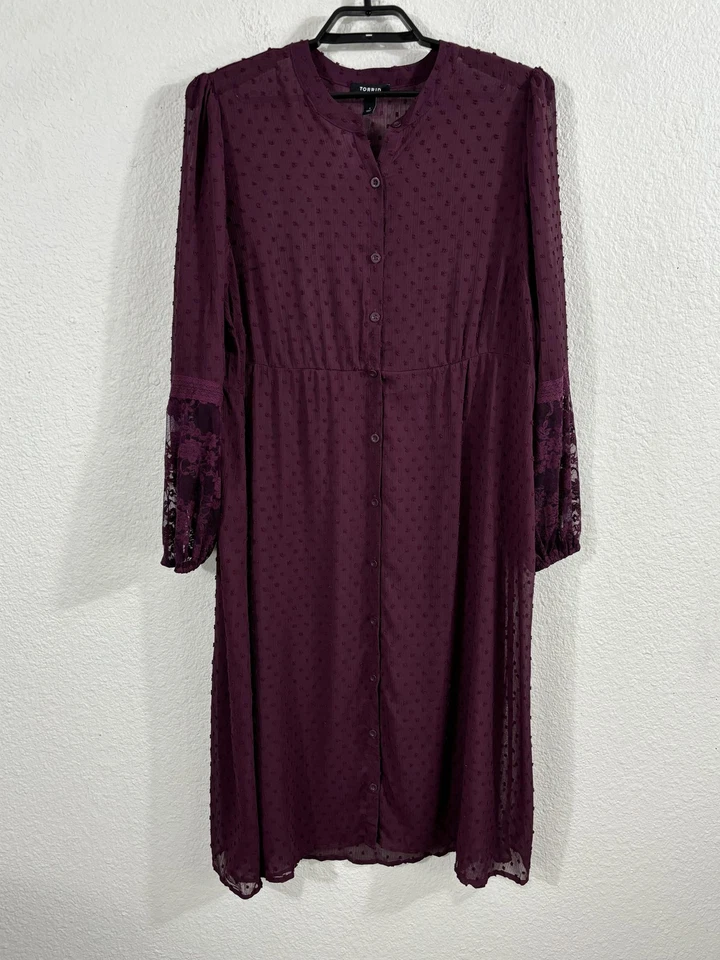 Torrid Dress Womens 1X Purple Swiss Dot Sheer Lace Sleeve Button Front Midi - Image 1 of 4