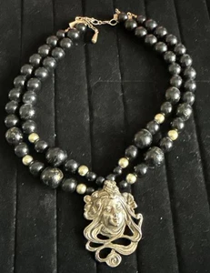 Vintage Art Nouveau Woman Face  Beaded Necklace 18” - Picture 1 of 12