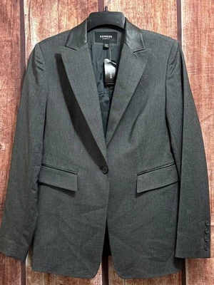 Blazer feminino vintage Express $118 cinza carvão jaqueta 5/6 gola de couro preta nova com etiquetas - Imagem 1 de 4