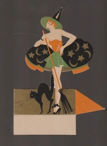 Vintage HALLOWEEN c1920 BRUJA Y GATO NEGRO STAND UP GIBSON Art Deco Ex Carpentier - Imagen 1 de 2