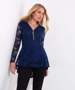 Joe Browns Women's Slim Fit Zip-Neck Long Sleeve Lace Top - Picture 1 of 5
