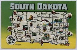 Vintage Postcard - South Dakota Map State Flower Pasque Mt Rushmore Badlands - Picture 1 of 2