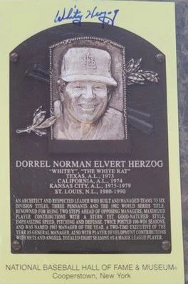 Whitey Herzog Signed Gold HOF Plaque Postcard Yellow Autograph Cardinals JSA - Image 1 of 2