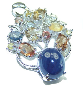 Blue Sapphire Pendant 925 Sterling Silver Handmade Oval Gemstone 1 5/8" - Picture 1 of 4