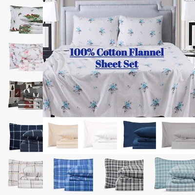 Flannel Sheet Set 100% Brushed Cotton Sheets Fitted Flat Pillow Case Deep Pocket - Image 1 of 4