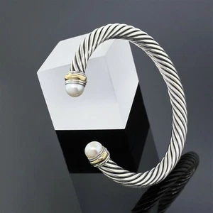 David Yurman Sterling Silver 14K Gold White Pearl 7mm Cable Classics Bracelet - Picture 1 of 3