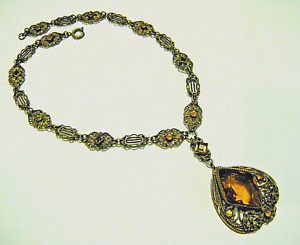 Collier chaîne filigrane vintage Art Nouveau cristal ambre cristal or laiton