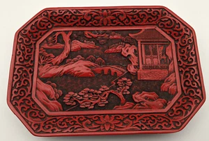 Chinese Hand Carved Wooden Cinnabar Tray Roughly 9.5 Inches by 6.5 Inches Red - Picture 1 of 9