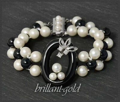 Diamanten, Perlen & Onyx Armband mit 0,21ct Brillanten, 585 Gold, Handarbeit - Bild 1 von 4