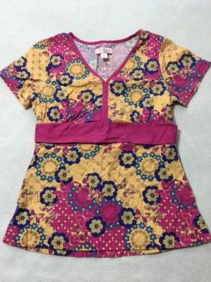Koi S Madison Tan Pink Floral Butterfly Scrub Top Back Tie Uniform Shirt Small - Image 1 of 3