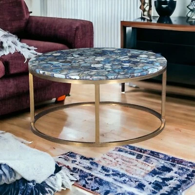 Buy Blue Agate Table top , Round Gemstone Table, Coffee Table Top Home Decor - Image 1 of 4