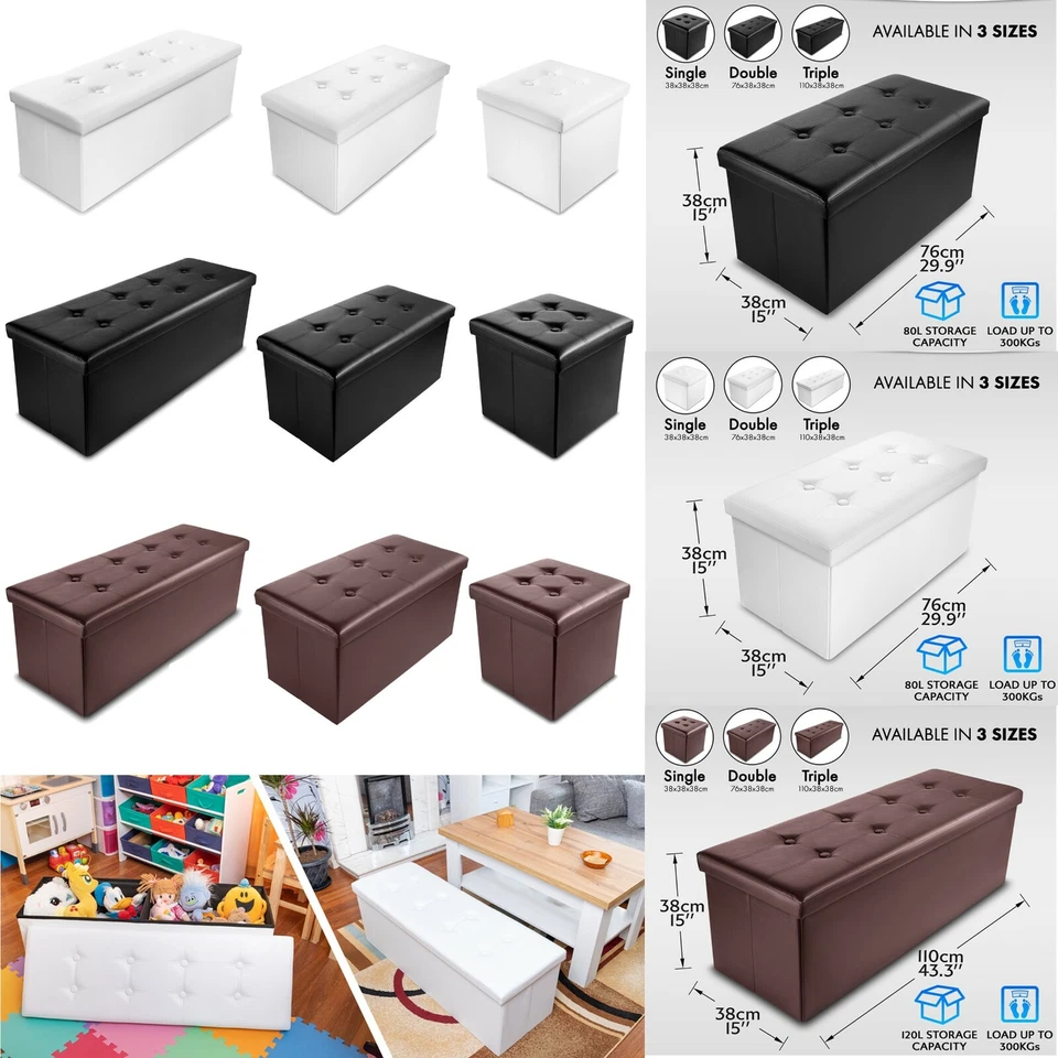 Faux Leather Folding Storage Box Ottoman Seat Stool Storage Boxes Home Footstool - Image 1 of 1