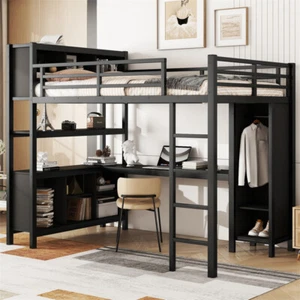 Metal Full Size Loft Bed Frame with Wardrobe /Desk /Storage Shelves Black - Picture 1 of 17