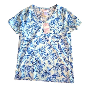 Size Small Stella Parker T Shirt Short Sleeve Blue Floral Cotton NEW w Tags - Picture 1 of 9