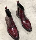 NEW HANDMADE MEN'S LEATHER CROCODILE TEXTURE BURGUNDY SIDE ZIP ANKLE HIGH BOOTS