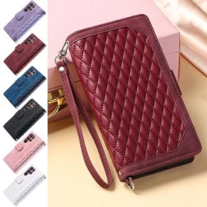 Strap Grid Leather Wallet Phone Case For Samsung S24 S23 S22 S21 S20 A14 A13 A33 - Picture 1 of 42