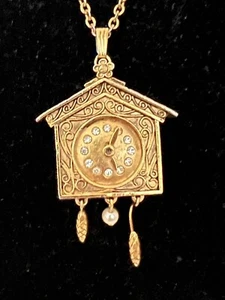 Vanda USA Cuckoo Clock Locket Necklace Solid Perfume kitsch 24”Gold Tone Vintage - Picture 1 of 12