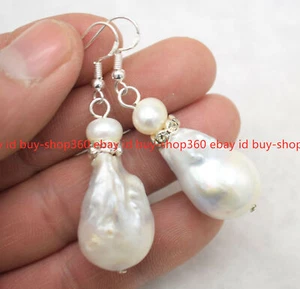 Real Huge White Freshwater Baroque Pearl Dangle 925 Silver Hook Earrings AAA - Picture 1 of 12
