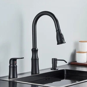 Single Handle Kitchen Sink Faucet Pull Down Sprayer W/Soap Dispenser Matte Black - Picture 1 of 11
