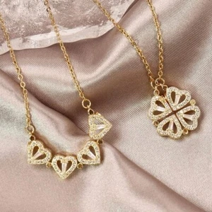 Gold Four Leaf Clover Magnetic Folding Heart Crystal Pendant Necklace- Elegant - Picture 1 of 12