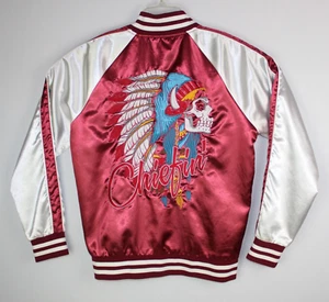 Carbon Satin Bomber Jacket Sze M Maroon White Skull Embroidery Chiefin Headdress - Picture 1 of 9