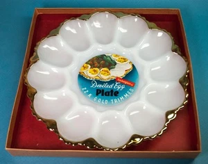 Anchor Hocking Milk Glass 10" Deviled Egg Plate Tray 22K Gold Trim NIB - Picture 1 of 5