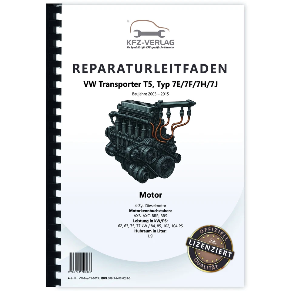 VW Transporter T5 2003-2015 1,9l Dieselmotor TDI 84-104 PS Werkstatthandbuch - Bild 1 von 4