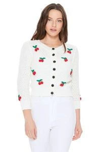 YEMAK Women's Cherry Pompom 3/4 Sleeve Cropped Honeycomb Cardigan Sweater MK3515 - Picture 1 of 20