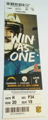 2015 Pittsburgh Steelers San Diego Chargers NFL Football Ticket Los Angeles Cover