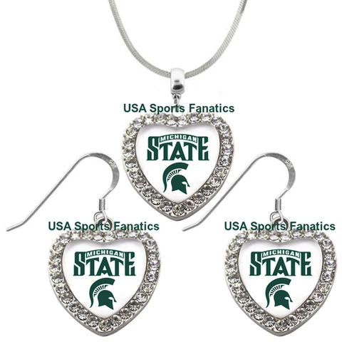 Michigan State Spartans 925 Necklace or Earrings or Set Team Heart W/Rhinestones Cover