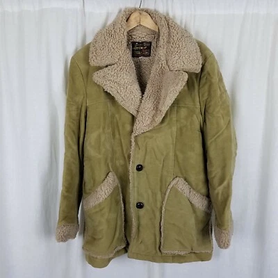 Sears Sportswear Vegan Faux Shearling Suede Western Peacoat Car Coat Mens 40 Tan - Image 1 of 4